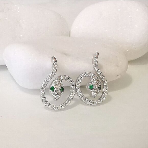 Genuine emerald gemstone CZ snake stud  earrings in Sterling Silver 🆕 - Picture 8 of 10